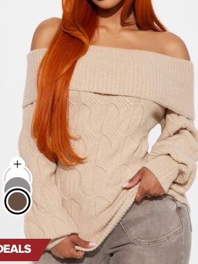 Fashion Nova Off-Shoulder Cable Knit Sweater - Beige